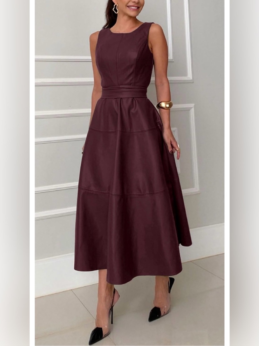 Chartou • Women Faux Leather Sleeveless Burgundy Elegant Flowy Midi Dress S NWT